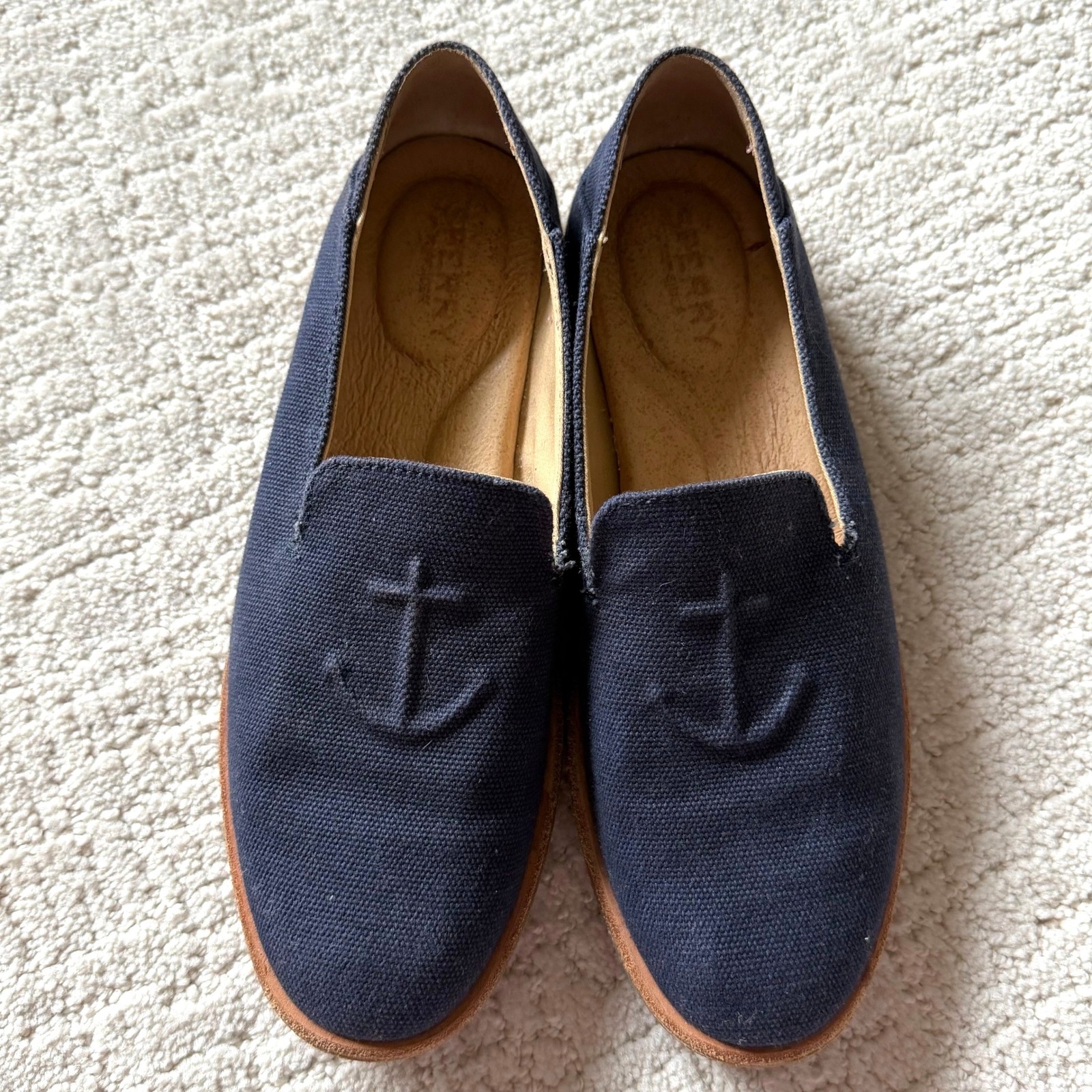 Sperry Seaport Navy Canvas Anchor Loafers Womens 6 Flat Shoes Nautical Coastal